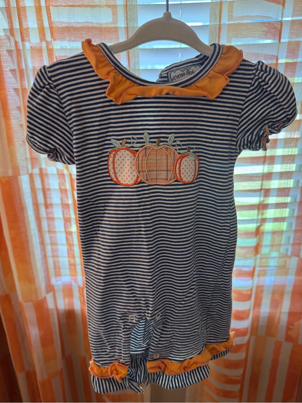 Striped Pumpkin Appliqué Baby Romper - Orange Trim